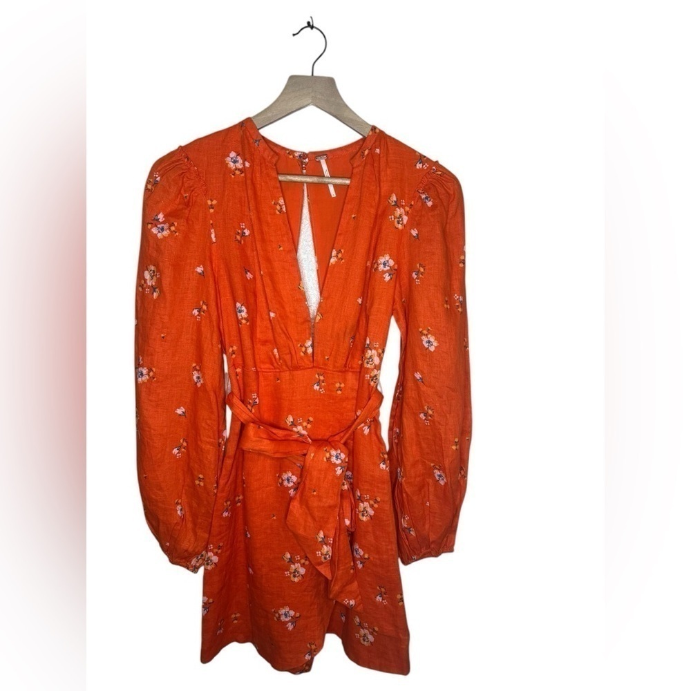 Free People Linen Puff Sleeve Floral Mini Dress Size 0 Orange